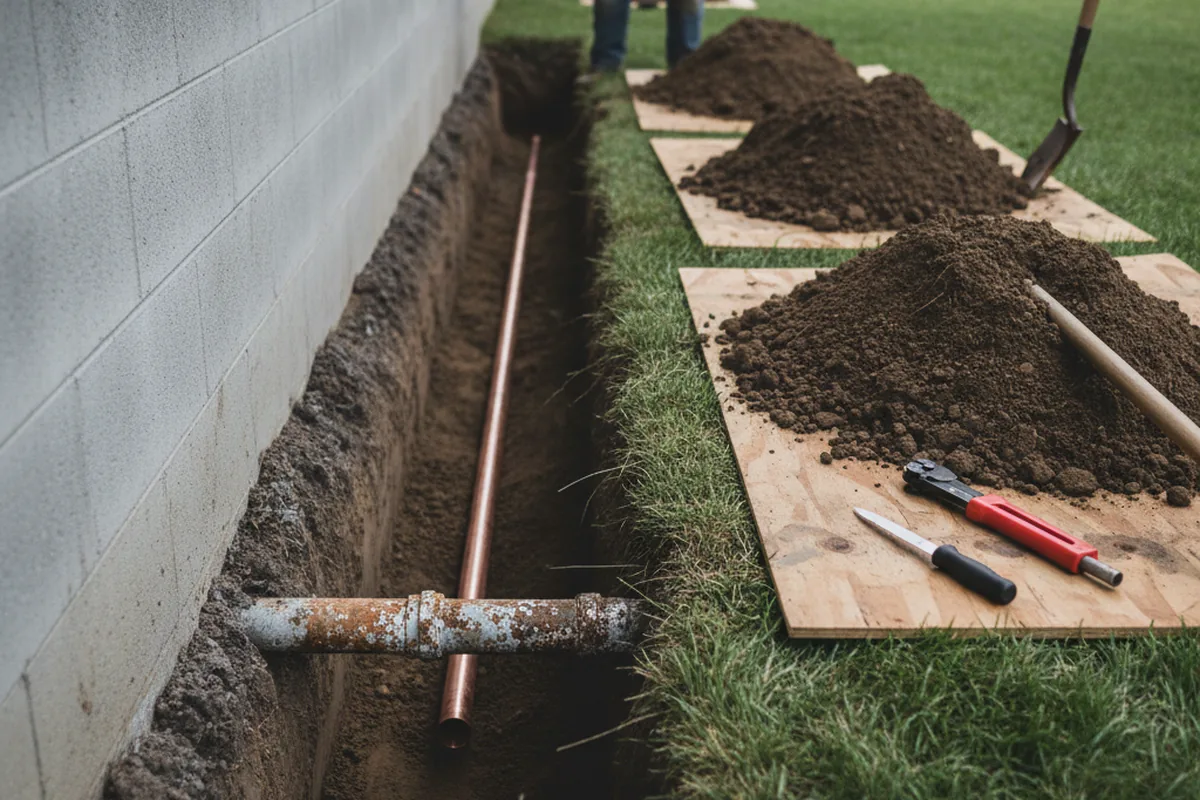 Excavated water line trench during Sewer Line Repair in Gridley